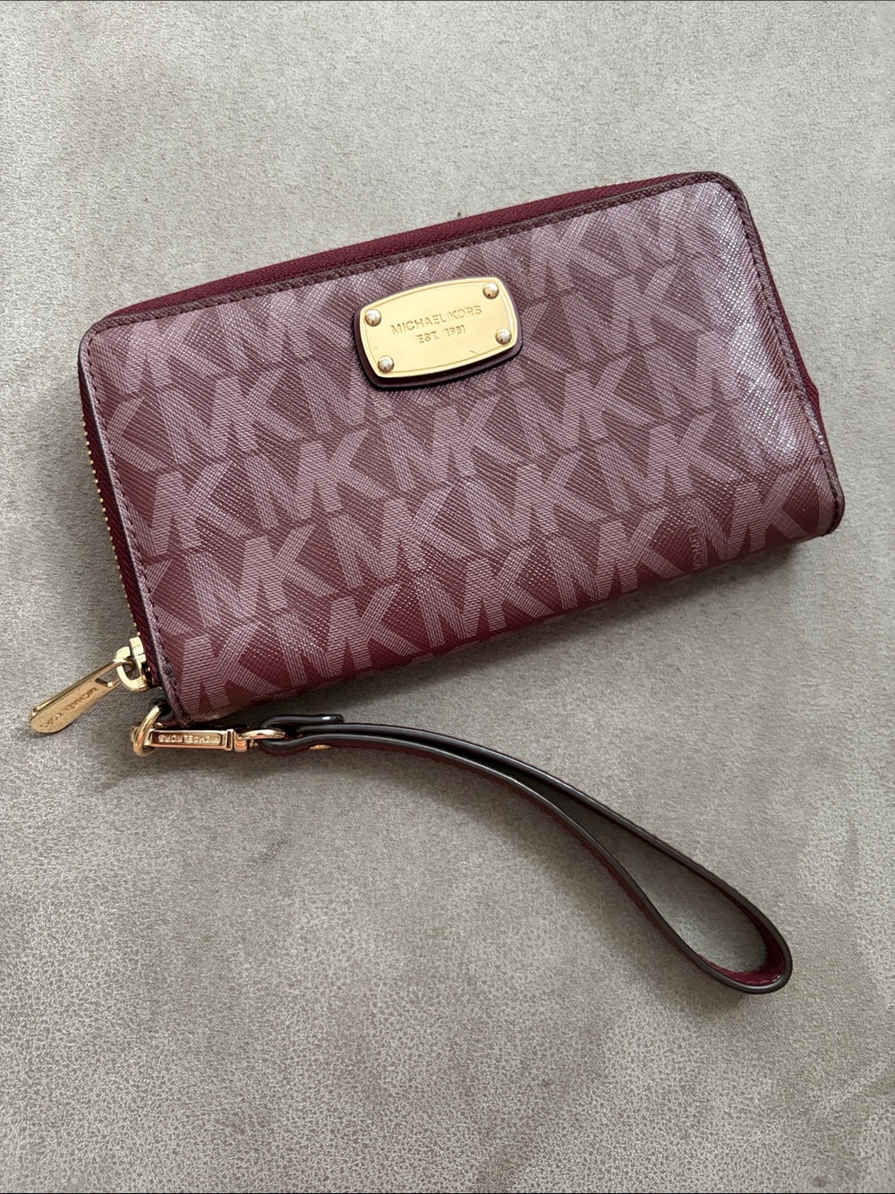 Michael Kors Burgundy MK Monogram Wristlet Clutch